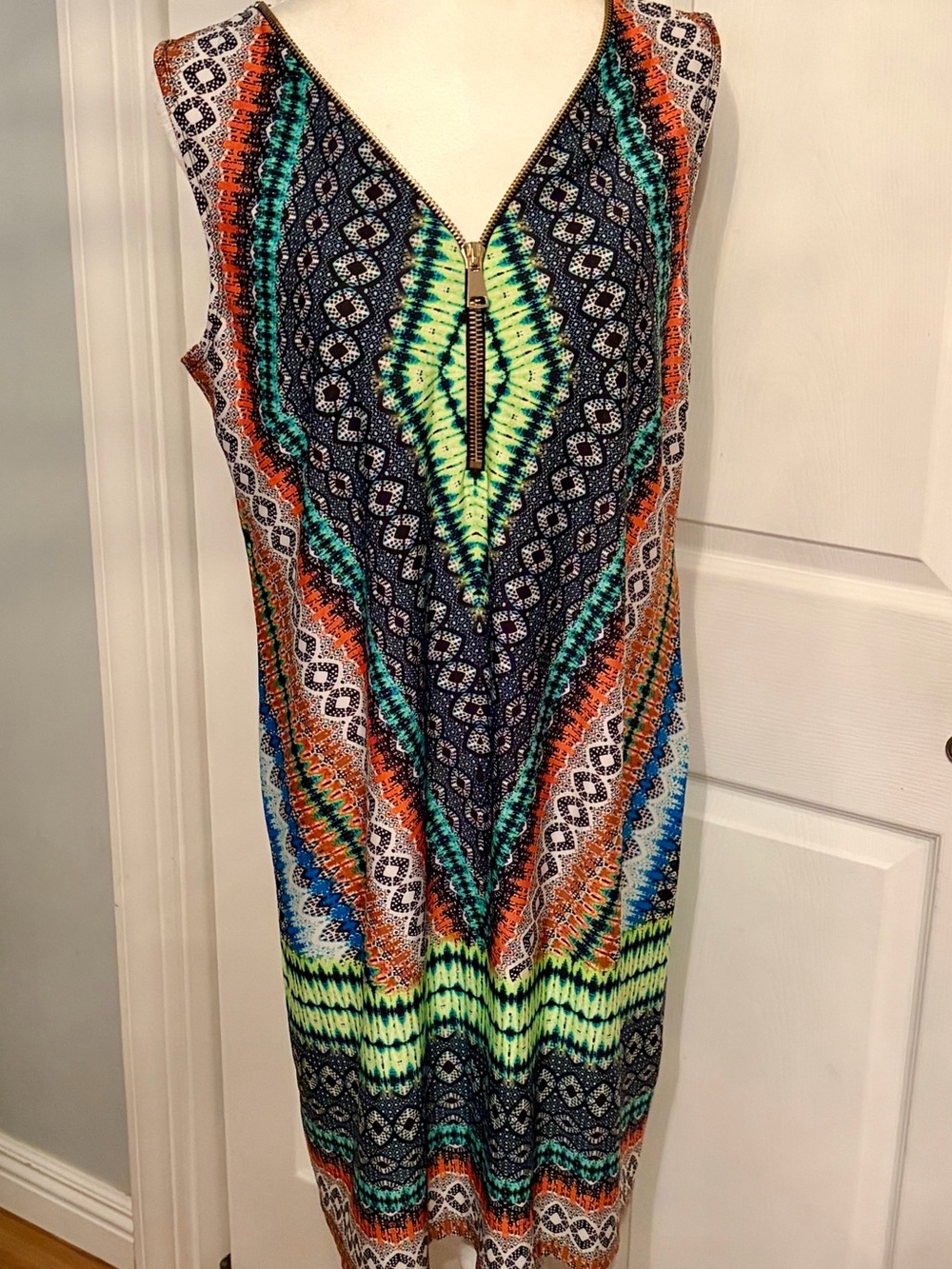 Dress Barn Multicolor Mosaic Print Sleeveless Dress Zip Front Size L